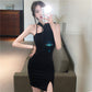 Retro Chinese style sexy cheongsam little black dress slim hip-wrapped slit sleeveless black dress R3795