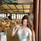 Blue v-neck hollow sleeveless halter dress temperament waist banquet dress R0547