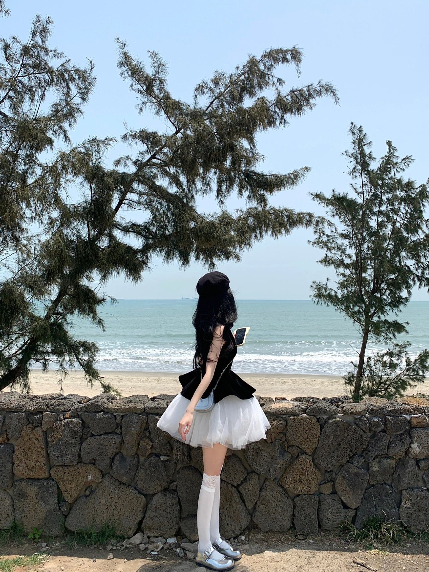 Black sleeveless vest dress temperament waist puffy short skirt R0545