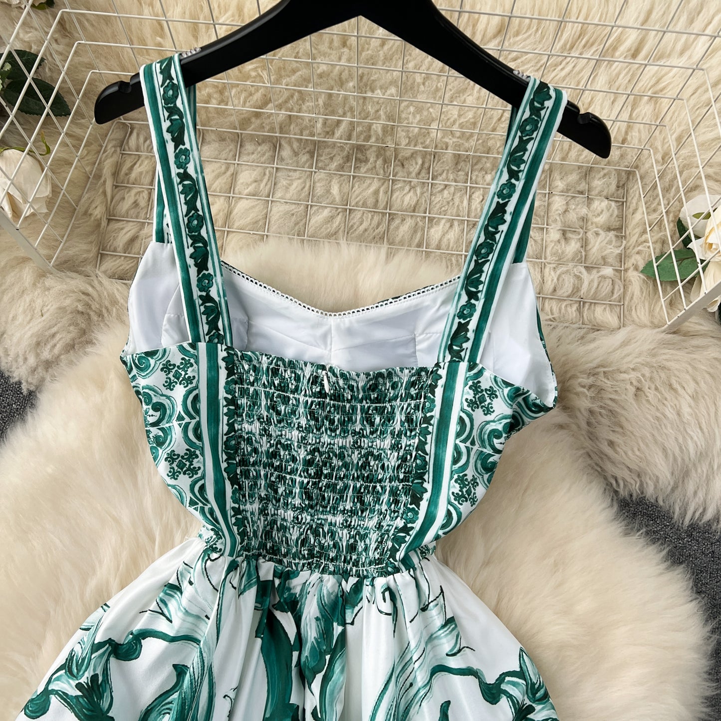 Ethnic style slim waist suspender dress with beautiful print A-line long skirt R2223