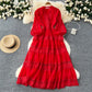 French retro lace splicing lantern sleeve dress waist slimming elegant long skirt R2225