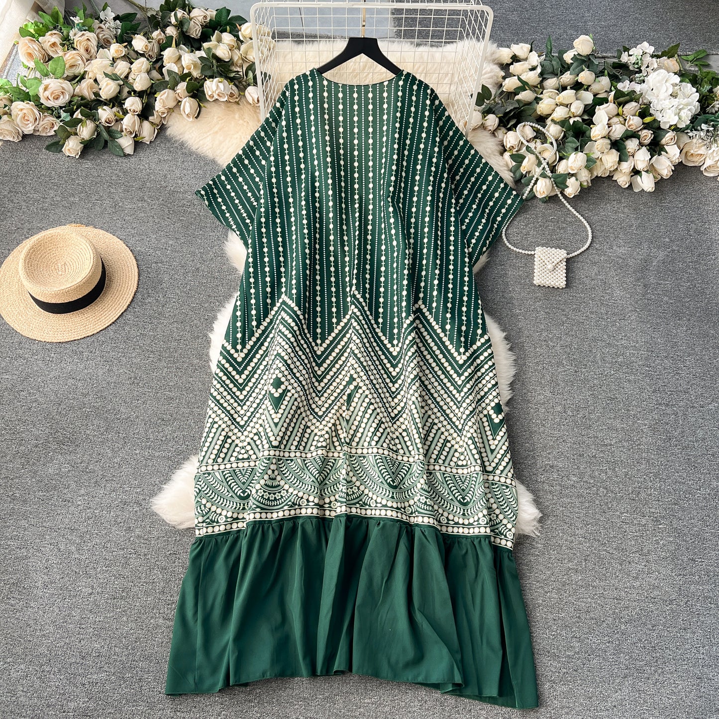 European and American style two-piece dress with printed shawl coat, sleeveless vest dress R2232