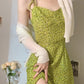 Green suspender skirt 2025 new seaside holiday design floral slit dress R0078