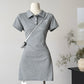 Grey college style bow embroidered Polo collar dress casual slim fit temperament A-line skirt R0109