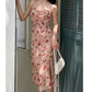 Tea break French style swing collar pink sling floral chiffon dress new waisted mid-length long skirt R0081