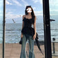 Black V-neck ruffled camisole vest for women 2025 new summer hot girl slim irregular hem top R0107