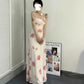 Human peach print elastic mesh suspender dress for women summer slim and tall sexy high-end long skirt R0089