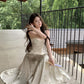 New Chinese style printed satin suspender dress niche waist slim temperament long skirt R1791