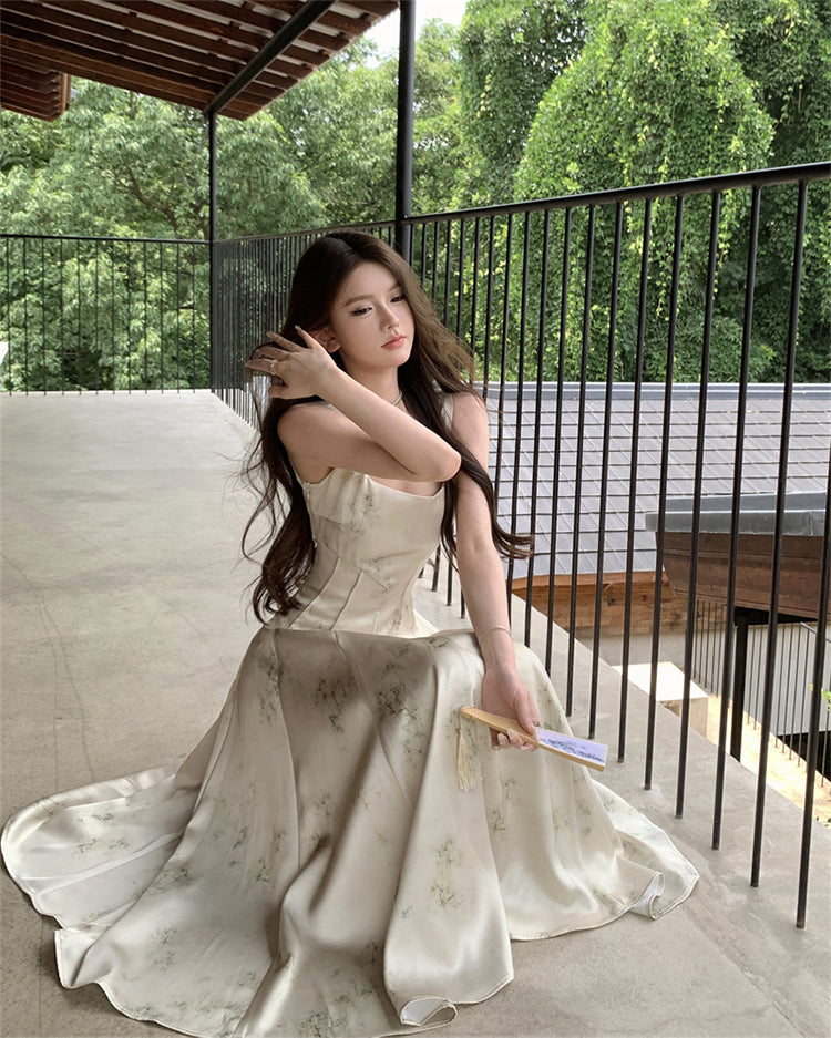 New Chinese style printed satin suspender dress niche waist slim temperament long skirt R1791