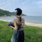 Holiday halter dress with open back for seaside travel wear beach skirt atmosphere R1569