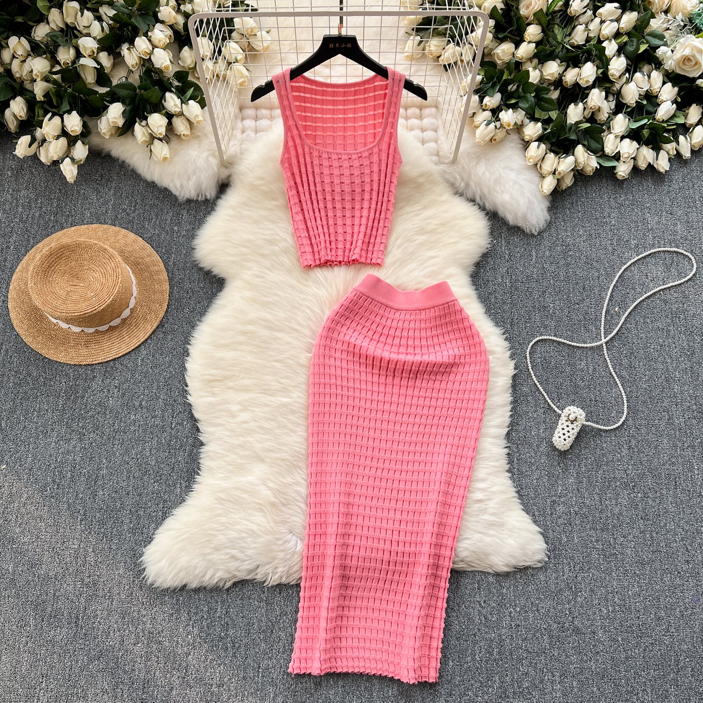 Retro hot girl style suit short vest top versatile high waist skirt knitted two-piece suit R2164