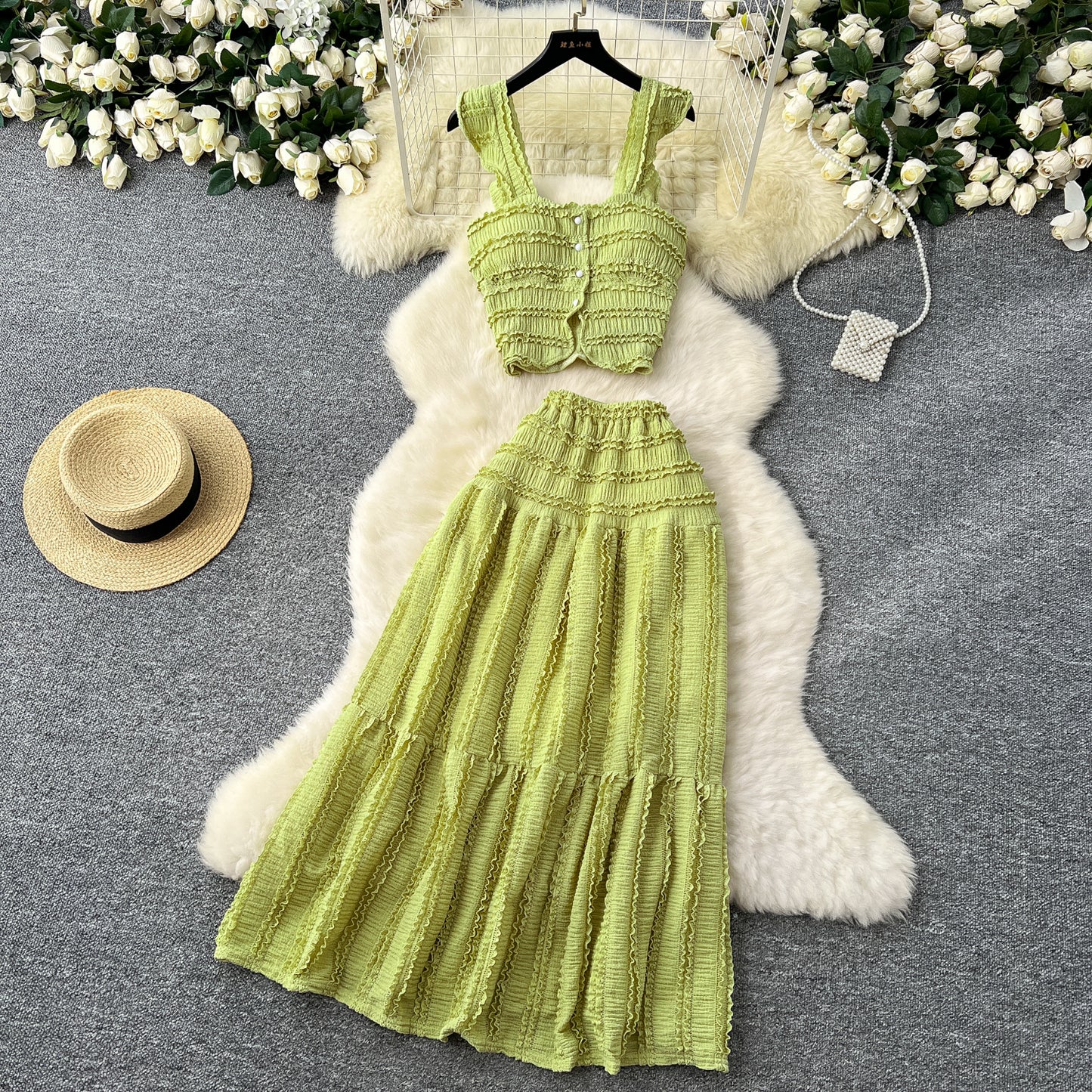 Gentle outfit holiday style short small flying sleeve suspender top high waist pleated skirt suit R2158
