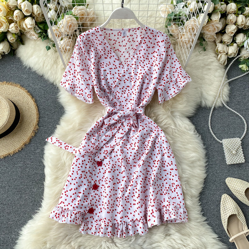 Dress 2025 new summer sweet love print trumpet sleeve tie waist short style R2166