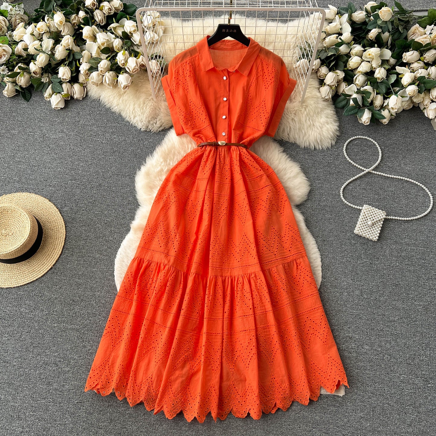 Niche design buttoned loose lace long dress waist pleated shirt collar spliced long skirt R2168