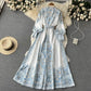 Retro palace style lantern sleeves printed dress with a wide swing and an A-line knee-length skirt R2167
