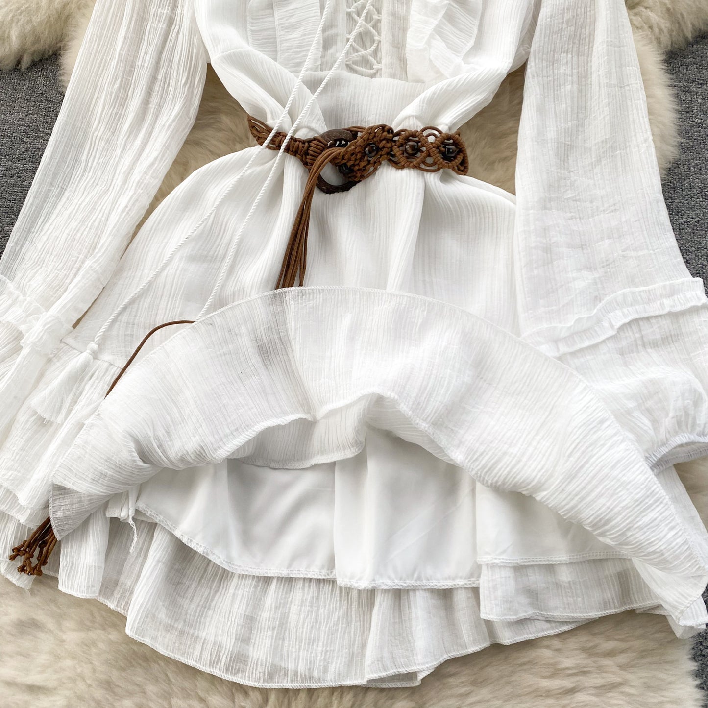 2025 new holiday style outfit sweet wood ear straps slim short ruffle dress R2162