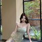 Green floral tube top dress sexy waist slim hip skirt R0626