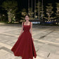Skirt square neck suspender dress royal sister style temperament wine red high-end dress R1437
