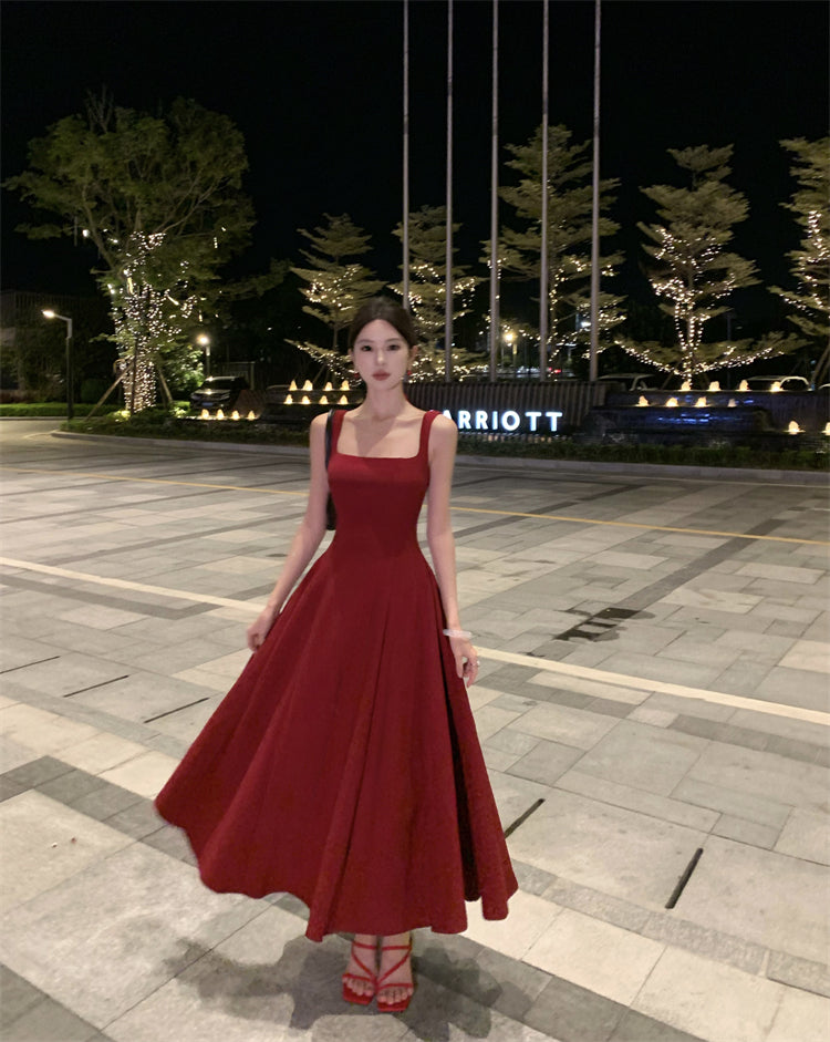 Skirt square neck suspender dress royal sister style temperament wine red high-end dress R1437