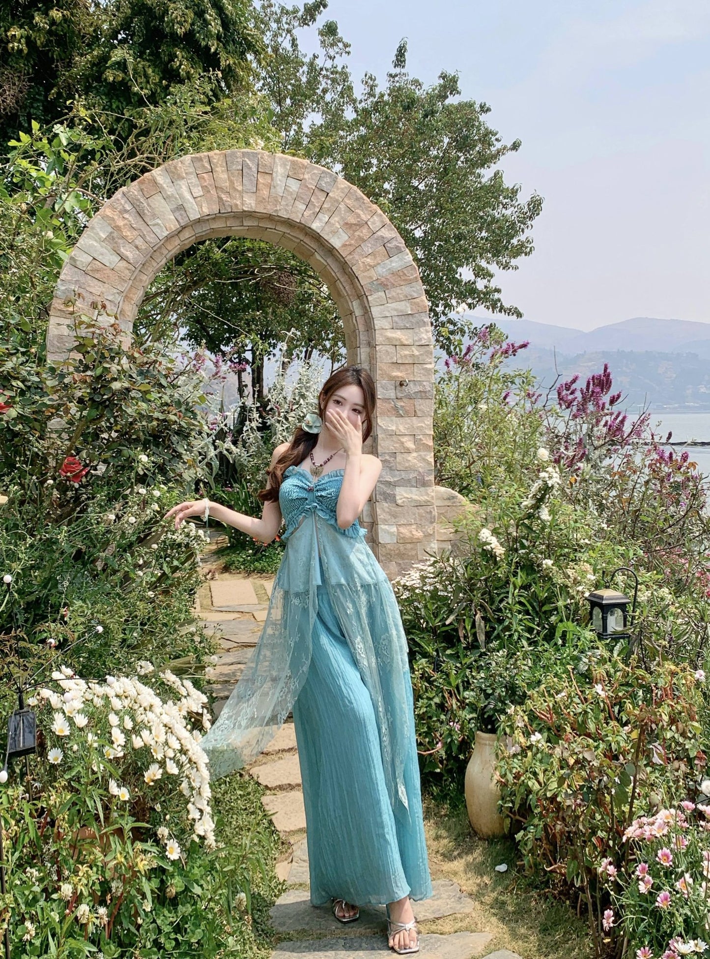 Beautiful unique green tube top casual wide leg pants two piece suit 2025 R0780