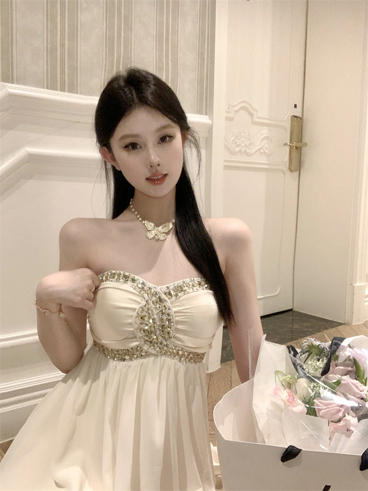 Sexy one-shoulder tube top dress with diamonds R0538