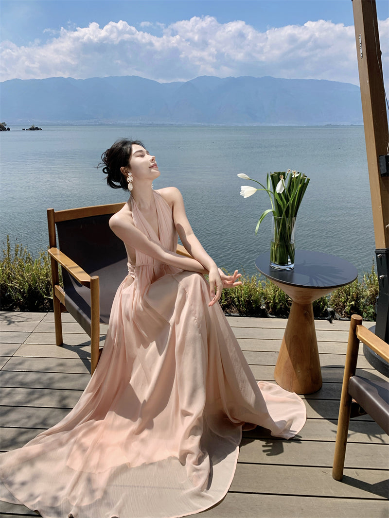 Gentle temperament V-neck halter dress unique waist A-line beach dress R0576