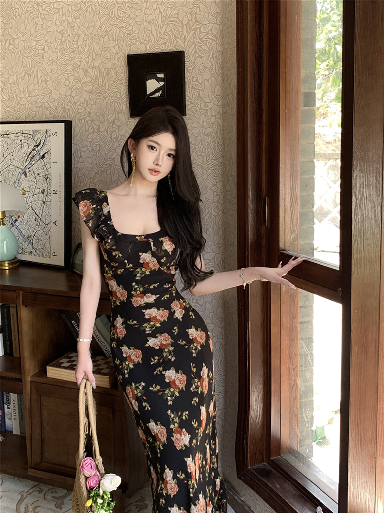 Temperament high-end retro floral dress super beautiful long skirt R0646