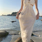 White hollow suspender dress gentle temperament waist backless A-line long skirt R0596