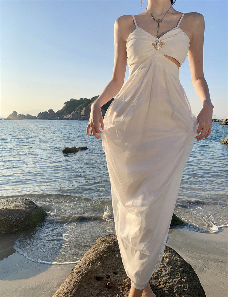 White hollow suspender dress gentle temperament waist backless A-line long skirt R0596