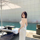 Sexy white hollow suspender dress with elegant waist and slim fit R0598