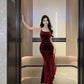 French suspender dress autumn wine red slim waist velvet hip fishtail Christmas dress R1439