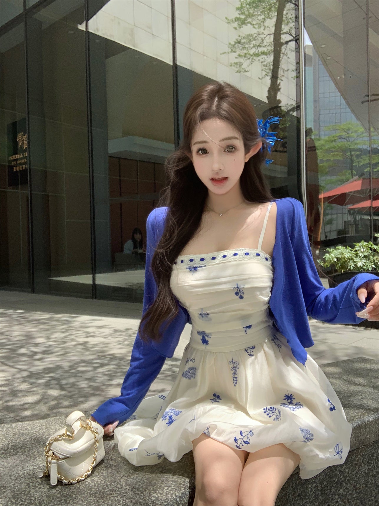 Blue floral suspender dress gentle temperament beautiful waist bud short skirt R0784