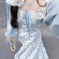 Gentle temperament blue floral dress new style beautiful small skirt R0684
