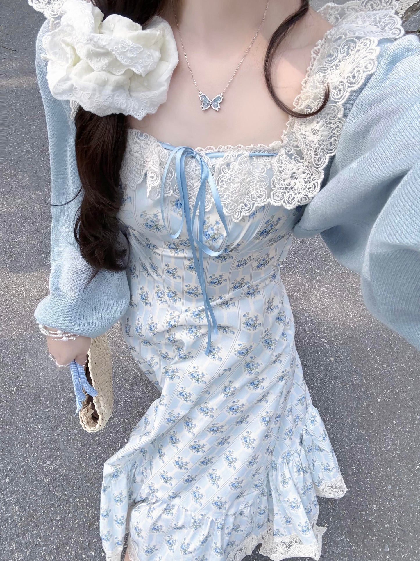 Gentle temperament blue floral dress new style beautiful small skirt R0684