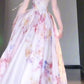 Gentle temperament pink floral suspender dress beautiful waist dress R0685