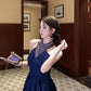 Blue halter dress with rhinestones, slim waist, A-line short dress R0571