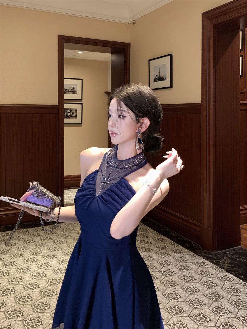 Blue halter dress with rhinestones, slim waist, A-line short dress R0571