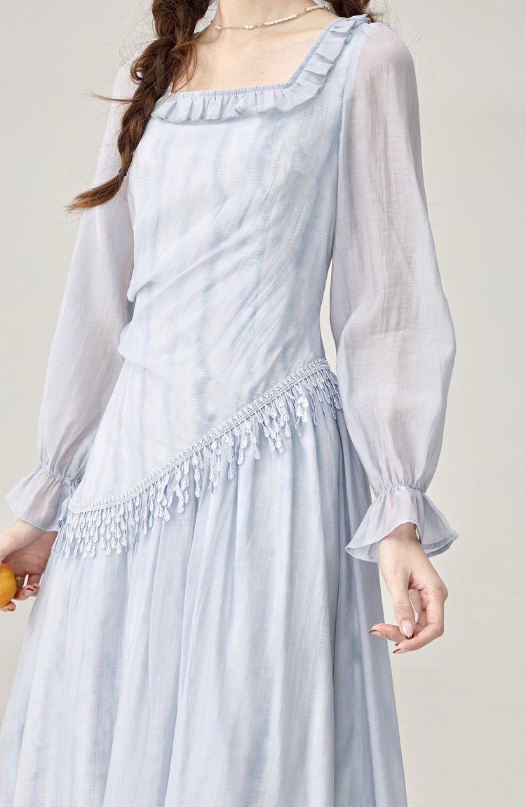 Gentle style irregular blue long-sleeved dress women's beautiful skirt R1978