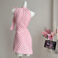 Halter Neck Off Shoulder Pink Plaid Sleeveless Dress Irregular Bow Design Skirt R1979