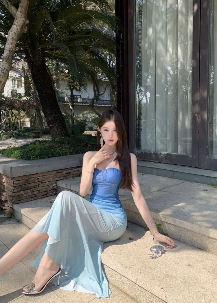 Blue gradient tube top dress 2025 new waist slim fit hip skirt R0563
