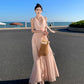 Ruffled V-neck halter dress beautiful waist A-line long skirt R0566