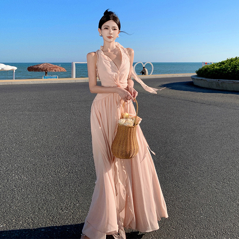 Ruffled V-neck halter dress beautiful waist A-line long skirt R0566