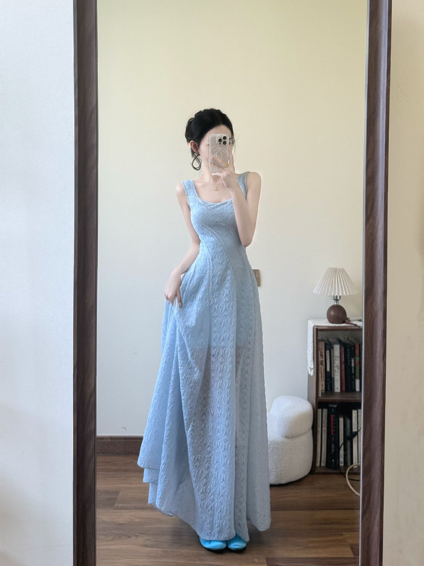 Blue hollow suspender dress temperament waist A-line long skirt R0568