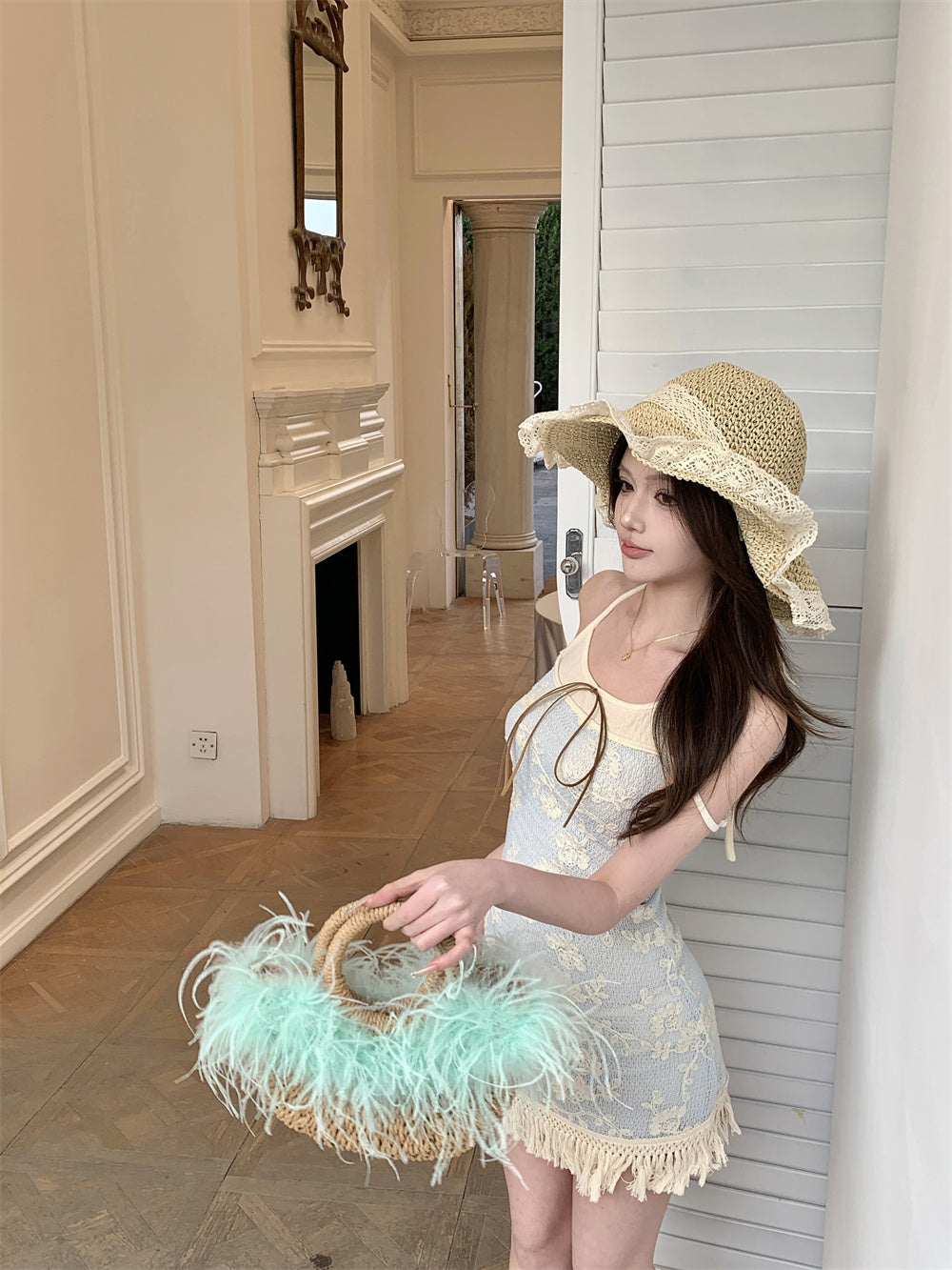 Blue jacquard suspender dress two-piece set beautiful waist slim hip skirt R0564