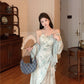 Green suspender halter dress unique chiffon sunscreen cardigan two-piece set R0616
