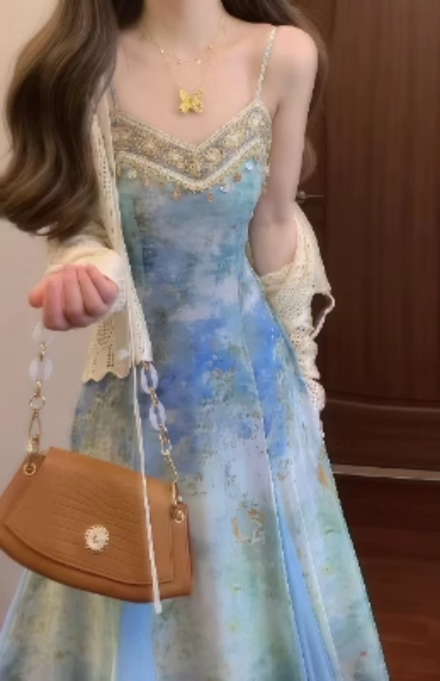 Women's Blended Floral Sling Dress Beautiful Waist A-Line Beach Dress R0617