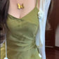 Gentle temperament green suspender dress retro beautiful waist slim a-line long skirt R0704