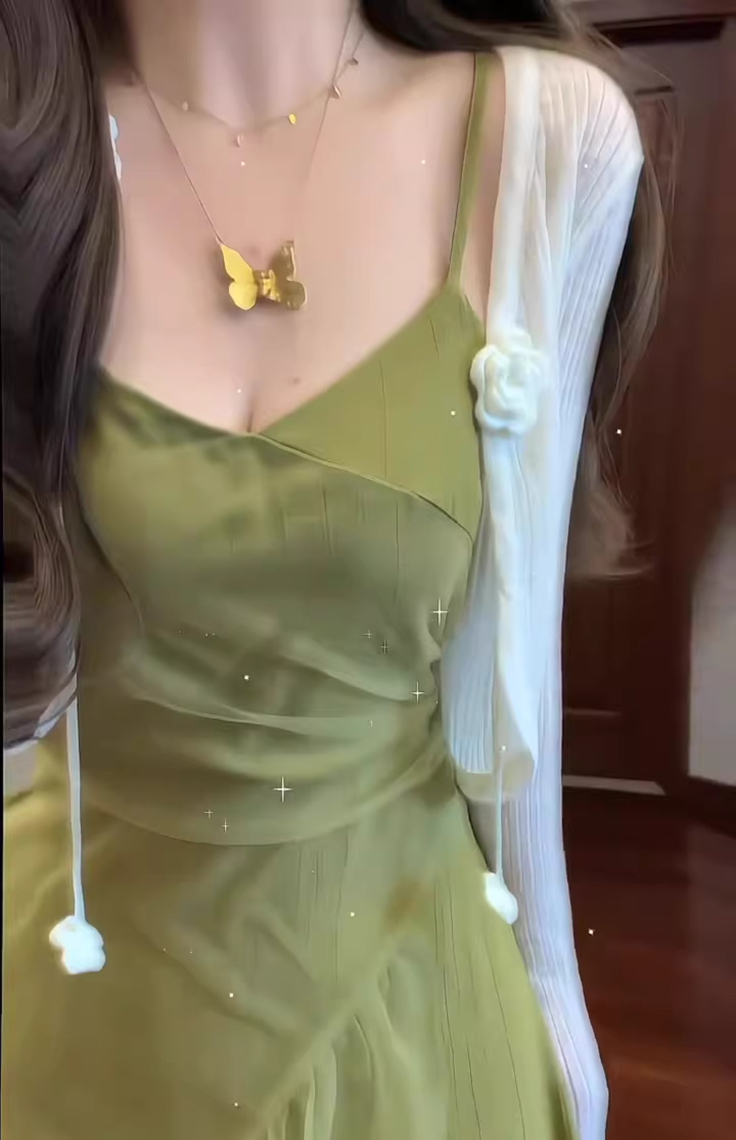 Gentle temperament green suspender dress retro beautiful waist slim a-line long skirt R0704