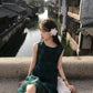 Retro green sleeveless vest dress gentle and sweet style waist A-line short skirt R0706