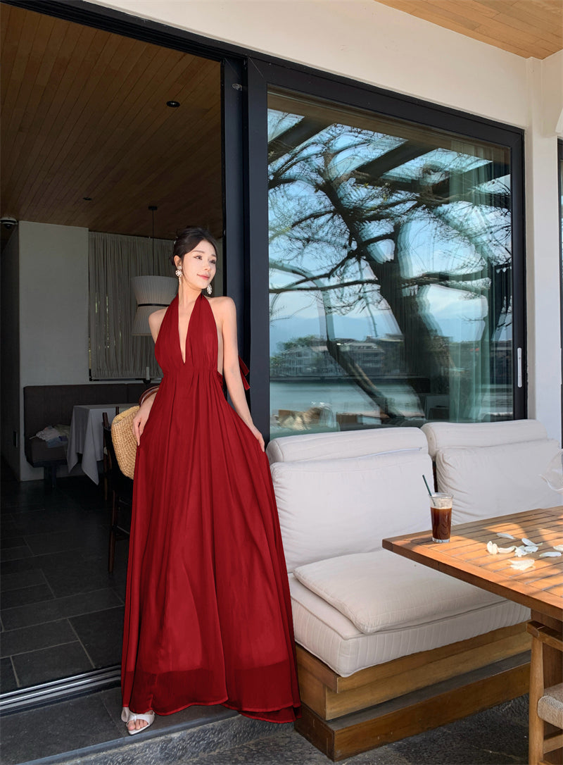 Gentle temperament V-neck halter dress unique waist A-line beach dress R0576